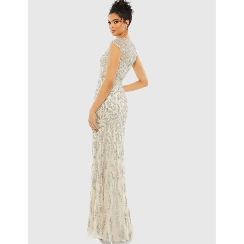 Mac Duggal Nude Silver Illusion Sheer Cap Sleeve Bead Sequin Belted Modest 5532 - Picture 2 of 16